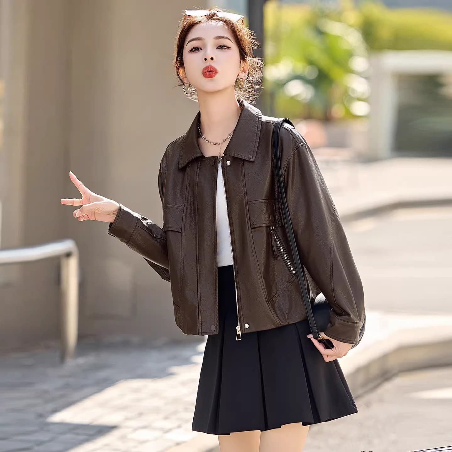 캐주얼 레트로 2026 봄 가을 새로운 가죽 재킷 재킷 여성 짧은 루즈핏 슬림해 보이는 다용도 작은 키 pu 가죽 자켓 이미지 2