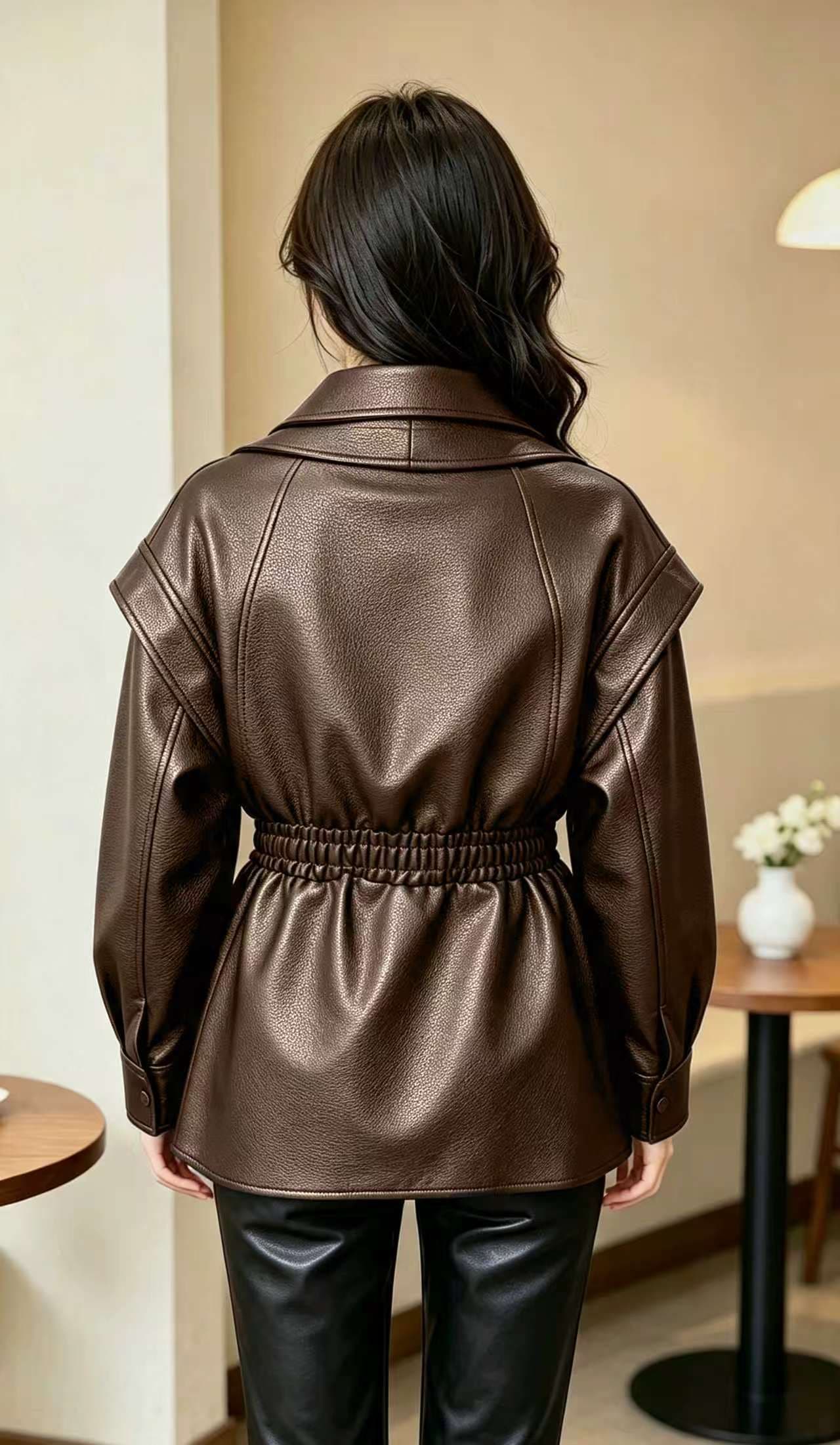 2026 새로운 가을 겨울철 아메리칸 가죽 자켓 차가운 바람의 소리 바람 고급 센스 레트로 품격 밴딩 허리 수축 재킷 맨위 이미지 4