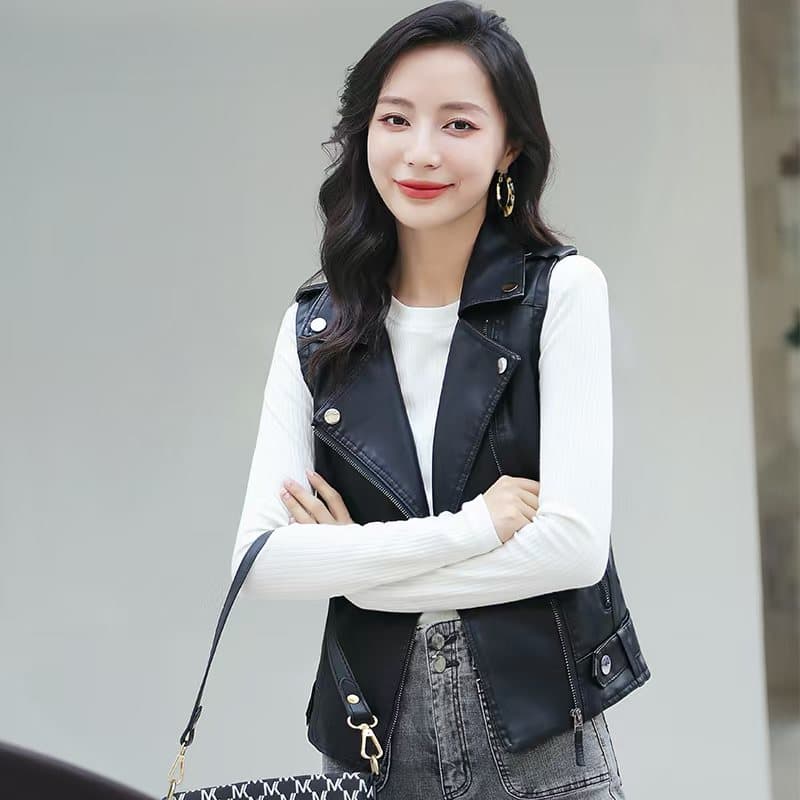 실사 봄과 가을 레트로 민소매 오토바이 재킷 거리 잘 생긴 PU 가죽 폴로 칼라 지퍼 베스트 재킷 여성 코트