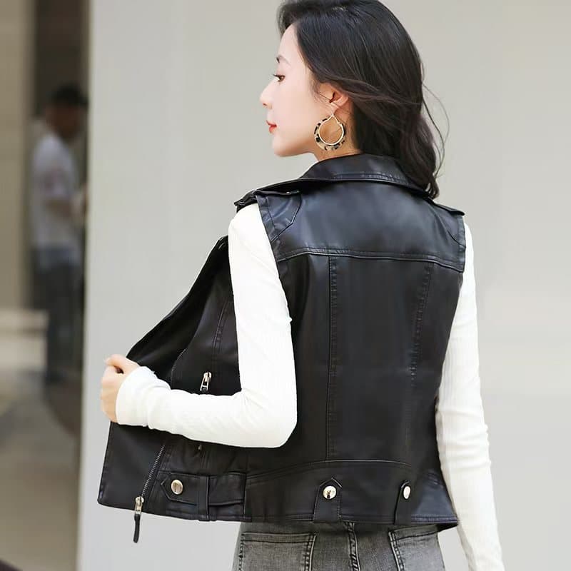 실사 봄과 가을 레트로 민소매 오토바이 재킷 거리 잘 생긴 PU 가죽 폴로 칼라 지퍼 베스트 재킷 여성 코트 이미지 2