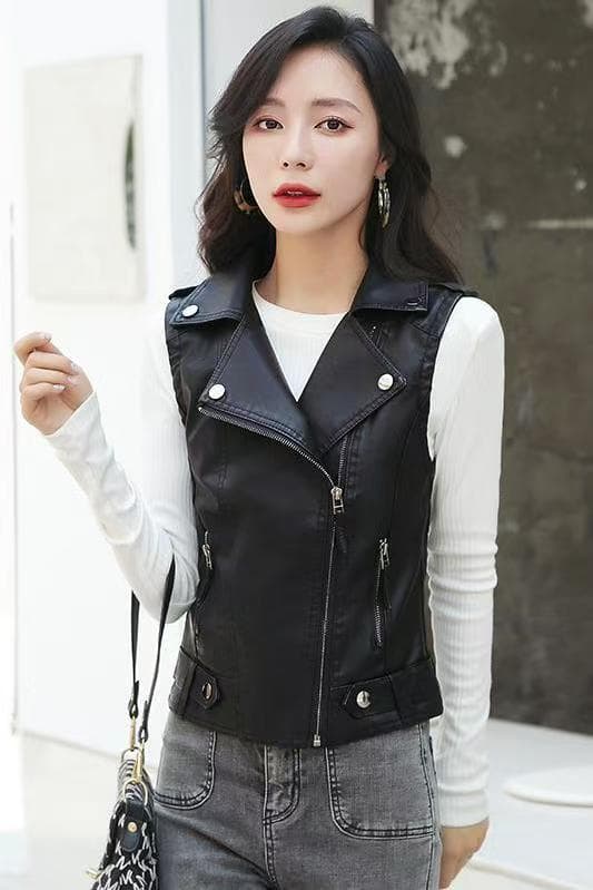 실사 봄과 가을 레트로 민소매 오토바이 재킷 거리 잘 생긴 PU 가죽 폴로 칼라 지퍼 베스트 재킷 여성 코트 이미지 4
