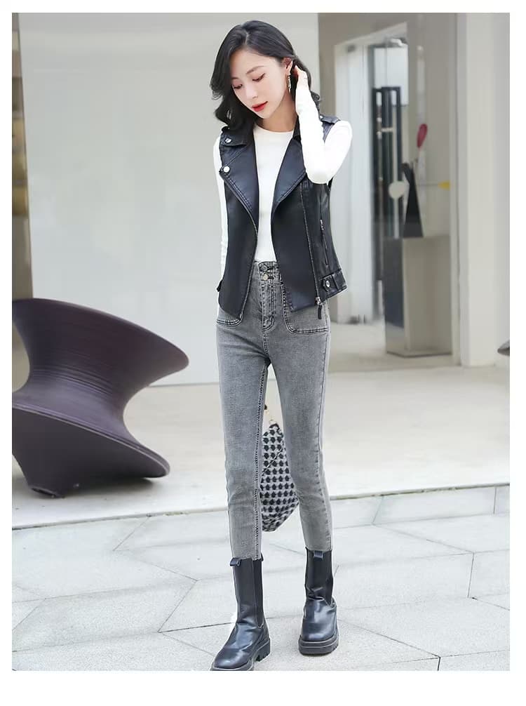 실사 봄과 가을 레트로 민소매 오토바이 재킷 거리 잘 생긴 PU 가죽 폴로 칼라 지퍼 베스트 재킷 여성 코트 상세 이미지 14