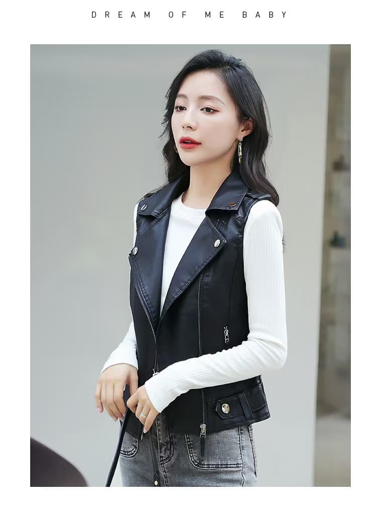 실사 봄과 가을 레트로 민소매 오토바이 재킷 거리 잘 생긴 PU 가죽 폴로 칼라 지퍼 베스트 재킷 여성 코트 상세 이미지 17