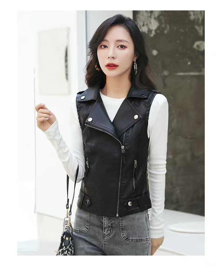 실사 봄과 가을 레트로 민소매 오토바이 재킷 거리 잘 생긴 PU 가죽 폴로 칼라 지퍼 베스트 재킷 여성 코트 상세 이미지 23
