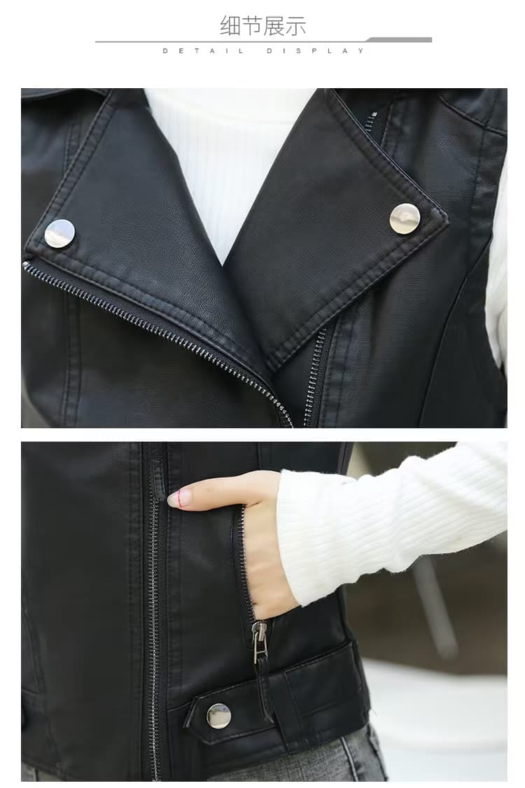 실사 봄과 가을 레트로 민소매 오토바이 재킷 거리 잘 생긴 PU 가죽 폴로 칼라 지퍼 베스트 재킷 여성 코트 상세 이미지 24