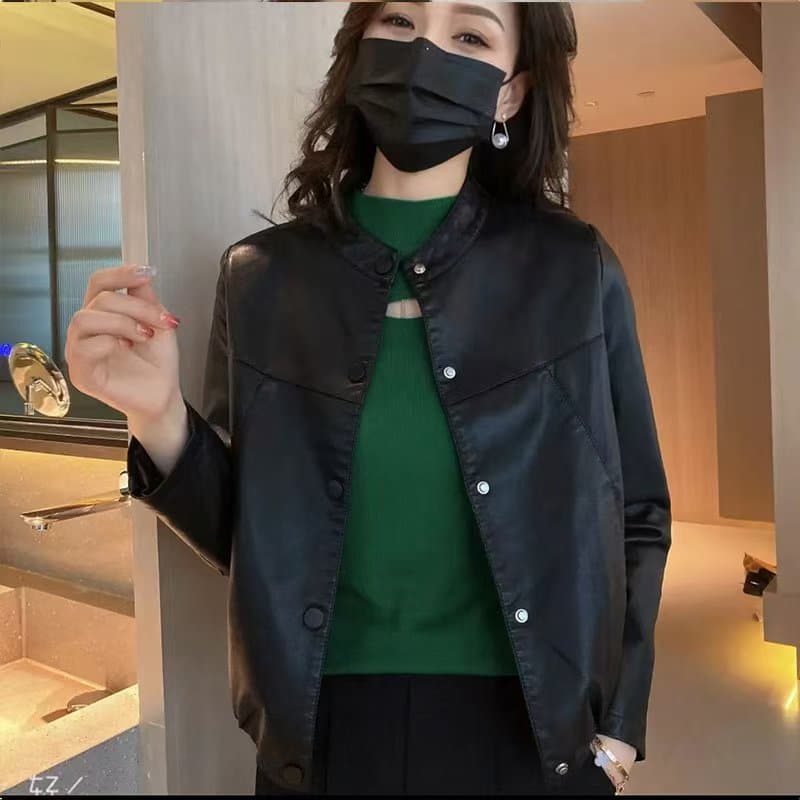 비 실사 가죽 재킷 재킷 유럽 상품 라운드 넥 패션 다용도 작은 키 루즈핏 밑단 밴딩 가죽 자켓 여성 재킷 이미지 2