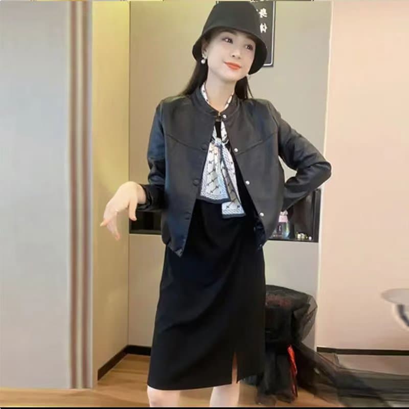 비 실사 가죽 재킷 재킷 유럽 상품 라운드 넥 패션 다용도 작은 키 루즈핏 밑단 밴딩 가죽 자켓 여성 재킷 상세 이미지 3