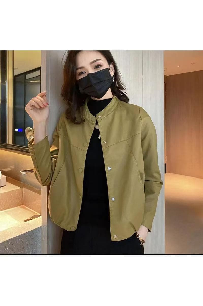 비 실사 가죽 재킷 재킷 유럽 상품 라운드 넥 패션 다용도 작은 키 루즈핏 밑단 밴딩 가죽 자켓 여성 재킷 상세 이미지 5