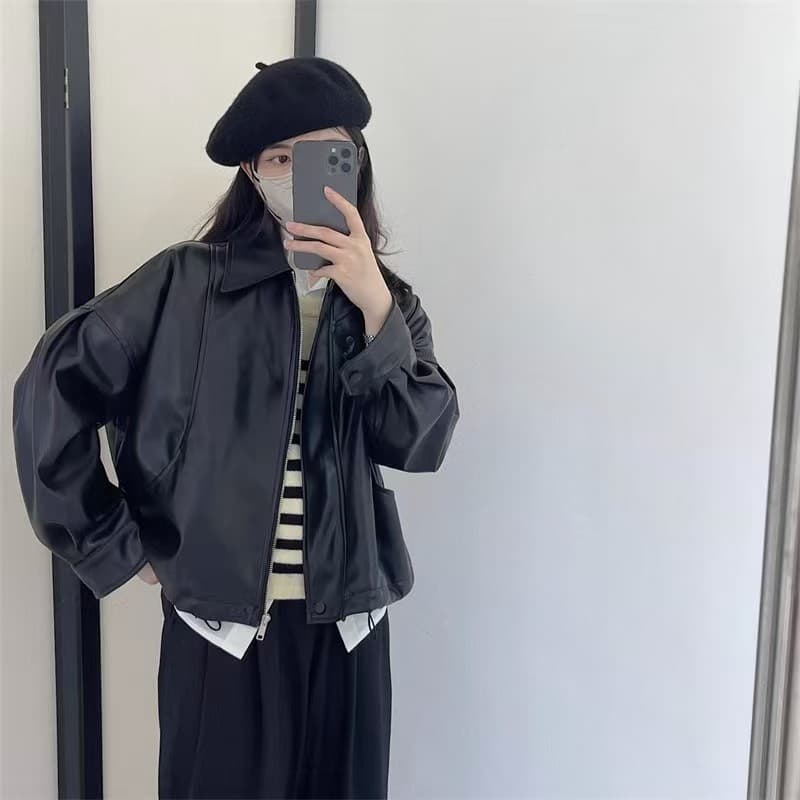 루즈핏 종류 다용도 한 부서 polo 지불 패션 pu 가죽 재킷 여성 코트 가을 섹션 가죽 자켓 품격 맨위 섹션 이미지 3
