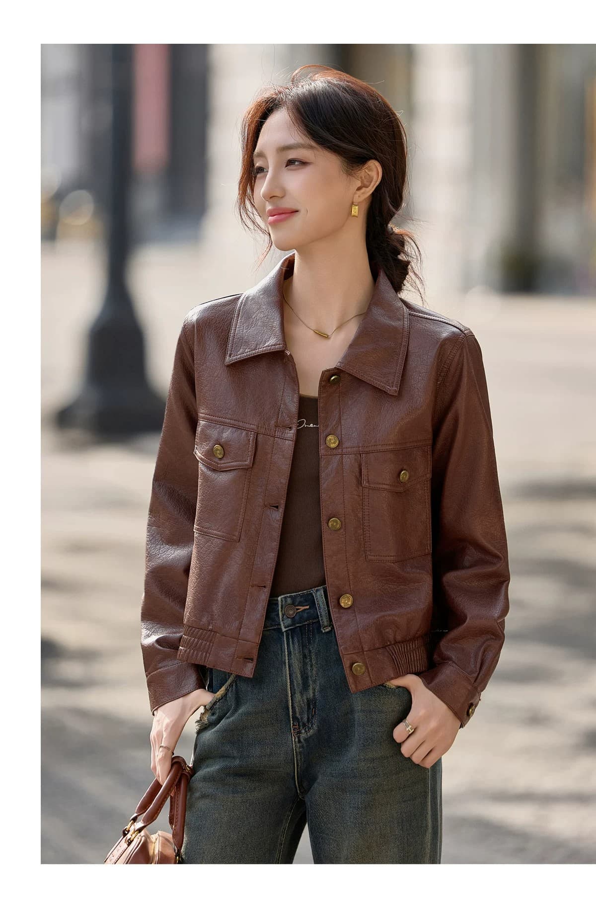 레트로 차가운 바람의 소리 바람 폴로 칼라 pu 가죽 재킷 여성 2026 가을 겨울철 새로운 쇼트 스타일 루즈핏 다용도 오토바이 재킷 재킷 이미지 4