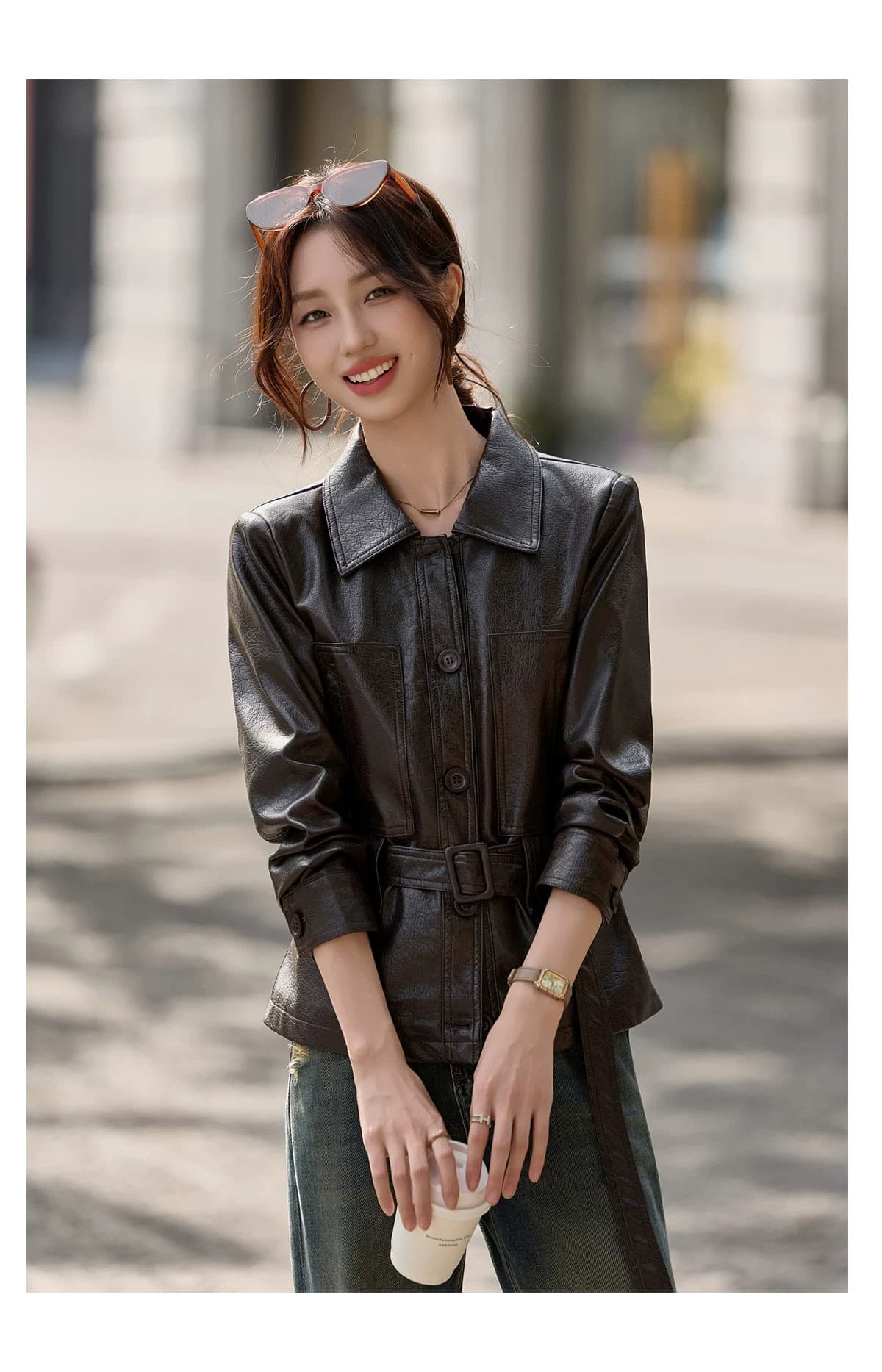 2026 가을 겨울철 새로운 레트로 오토바이 바람 폴로 칼라 가죽 재킷 여자 중간 롱 코트 루즈핏 품격 패션 다용도 재킷 상세 이미지 19