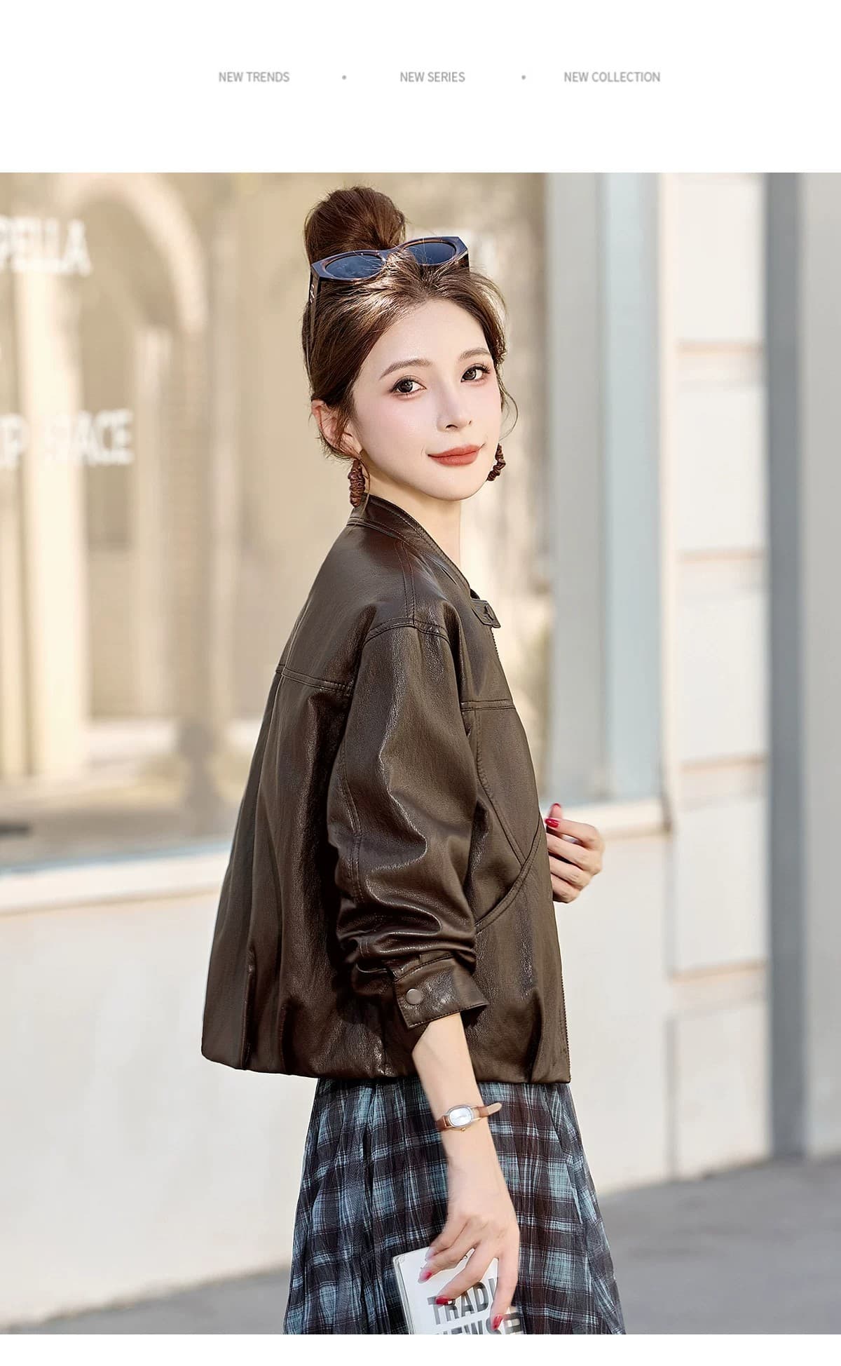 2026 가을 새로운 루즈핏 슬림해 보이는 스탠드 칼라 pu 가죽 재킷 여성 짧은 오토바이 서비스 작은 키 패션 캐주얼 재킷 이미지 3