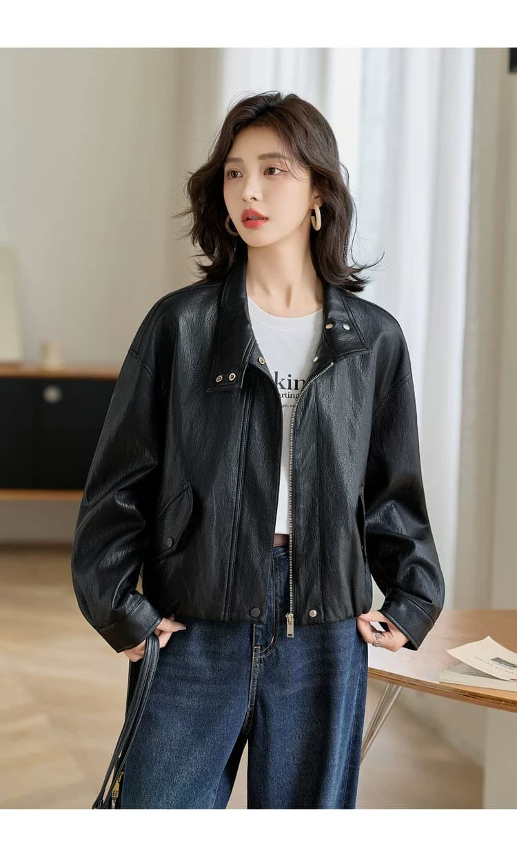 차가운 바람의 소리 스탠드 칼라 수 있습니다. 폴로 칼라 가죽 재킷 여성 코트 2026 봄 가을 새로운 외국 가스 슬림해 보이는 오토바이 쇼트 스타일 재킷 맨위 이미지 4
