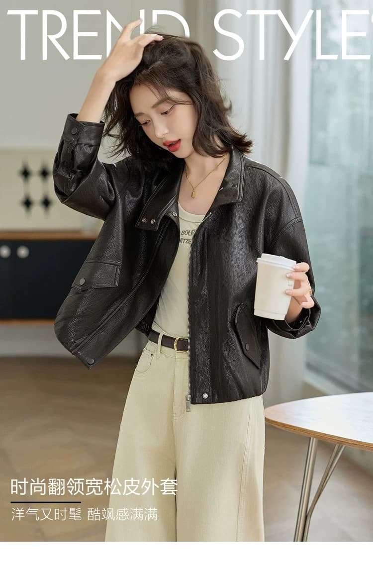 차가운 바람의 소리 스탠드 칼라 수 있습니다. 폴로 칼라 가죽 재킷 여성 코트 2026 봄 가을 새로운 외국 가스 슬림해 보이는 오토바이 쇼트 스타일 재킷 맨위 상세 이미지 2