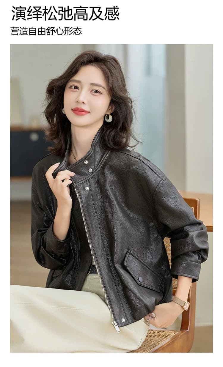 차가운 바람의 소리 스탠드 칼라 수 있습니다. 폴로 칼라 가죽 재킷 여성 코트 2026 봄 가을 새로운 외국 가스 슬림해 보이는 오토바이 쇼트 스타일 재킷 맨위 상세 이미지 6