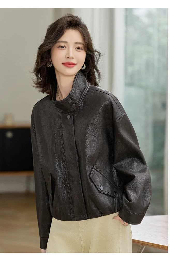 차가운 바람의 소리 스탠드 칼라 수 있습니다. 폴로 칼라 가죽 재킷 여성 코트 2026 봄 가을 새로운 외국 가스 슬림해 보이는 오토바이 쇼트 스타일 재킷 맨위 상세 이미지 18