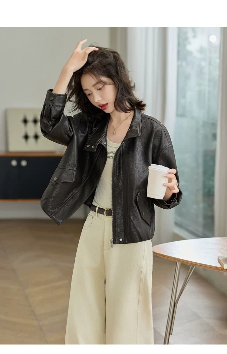 차가운 바람의 소리 스탠드 칼라 수 있습니다. 폴로 칼라 가죽 재킷 여성 코트 2026 봄 가을 새로운 외국 가스 슬림해 보이는 오토바이 쇼트 스타일 재킷 맨위 상세 이미지 19