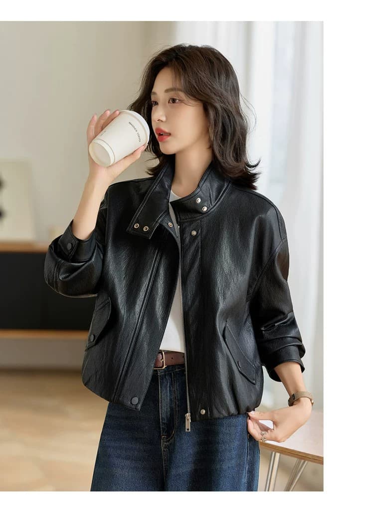 차가운 바람의 소리 스탠드 칼라 수 있습니다. 폴로 칼라 가죽 재킷 여성 코트 2026 봄 가을 새로운 외국 가스 슬림해 보이는 오토바이 쇼트 스타일 재킷 맨위 상세 이미지 25