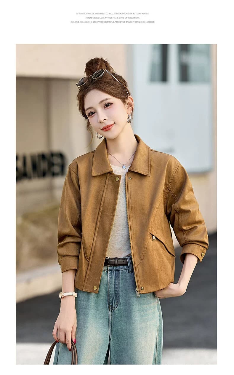 2026 년 가을 새로운 쇼트 스타일 루즈핏 슬림해 보이는 재킷 재킷 레트로 오토바이 바람 폴로 칼라 스웨이드 원단 여성 코트 이미지 4