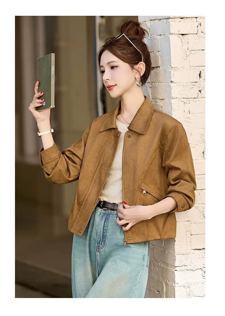 2026 년 가을 새로운 쇼트 스타일 루즈핏 슬림해 보이는 재킷 재킷 레트로 오토바이 바람 폴로 칼라 스웨이드 원단 여성 코트 상세 이미지 16
