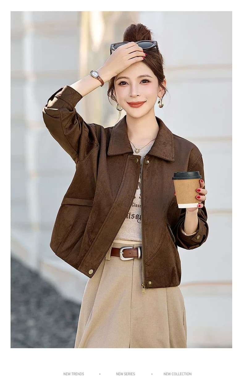 2026 년 가을 새로운 쇼트 스타일 루즈핏 슬림해 보이는 재킷 재킷 레트로 오토바이 바람 폴로 칼라 스웨이드 원단 여성 코트 상세 이미지 21