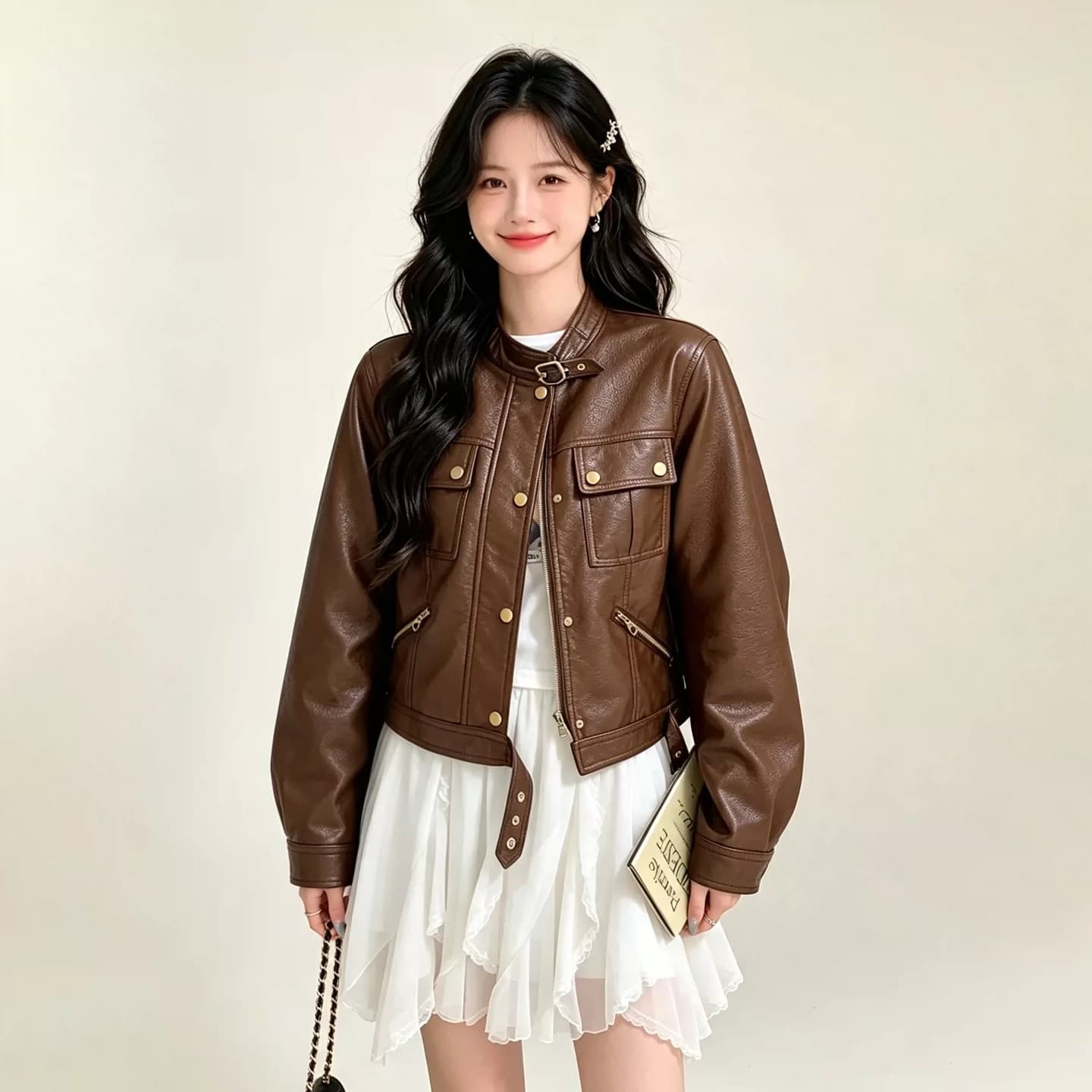 차가운 바람의 소리 바람 오토바이 가죽 재킷 여성 코트 2026 가을 새로운 품격 몸매 가꾸기 작은 키 쇼트 스타일 가죽 자켓 맨위 이미지 2