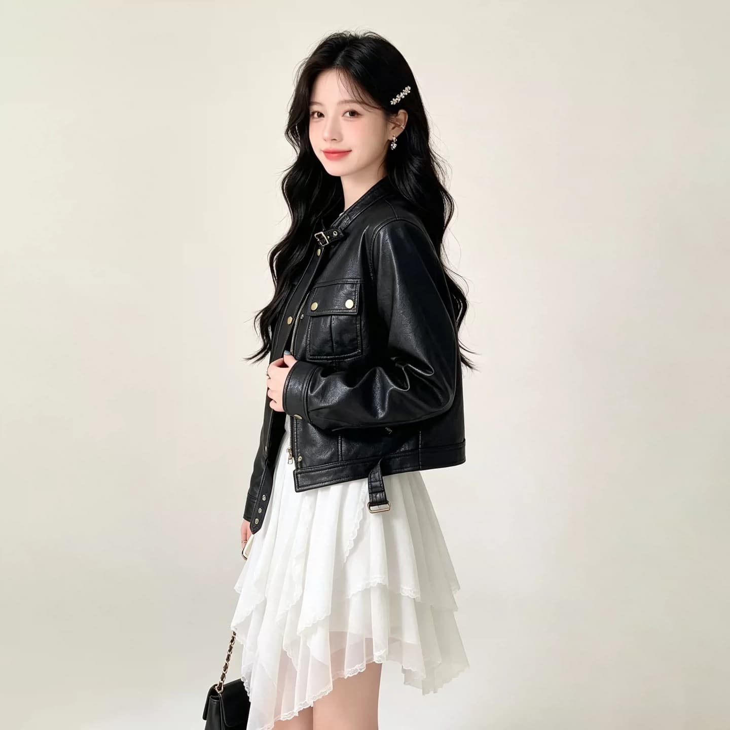 차가운 바람의 소리 바람 오토바이 가죽 재킷 여성 코트 2026 가을 새로운 품격 몸매 가꾸기 작은 키 쇼트 스타일 가죽 자켓 맨위 상세 이미지 4
