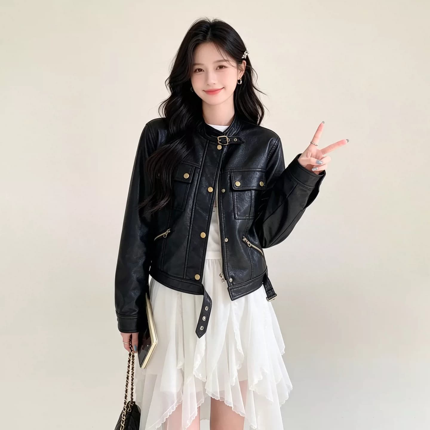 차가운 바람의 소리 바람 오토바이 가죽 재킷 여성 코트 2026 가을 새로운 품격 몸매 가꾸기 작은 키 쇼트 스타일 가죽 자켓 맨위 상세 이미지 7