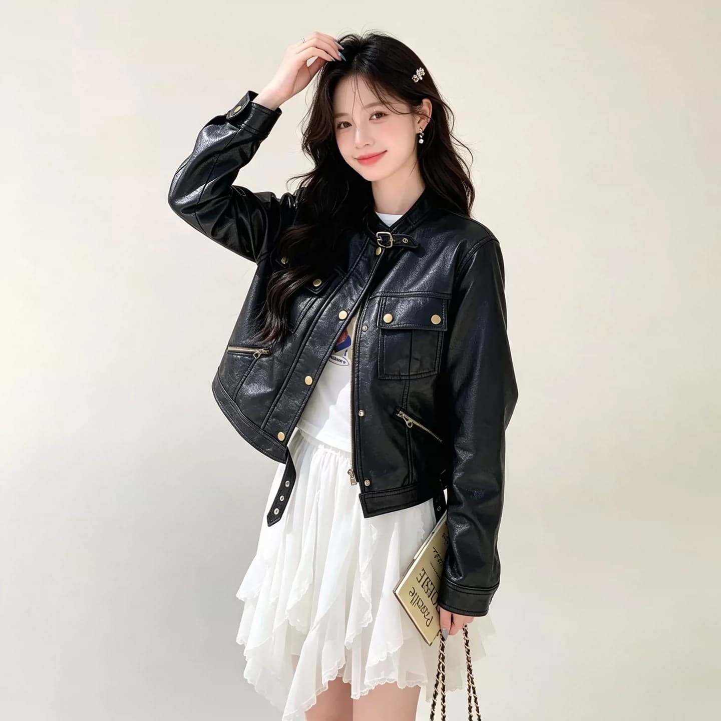 차가운 바람의 소리 바람 오토바이 가죽 재킷 여성 코트 2026 가을 새로운 품격 몸매 가꾸기 작은 키 쇼트 스타일 가죽 자켓 맨위 상세 이미지 8