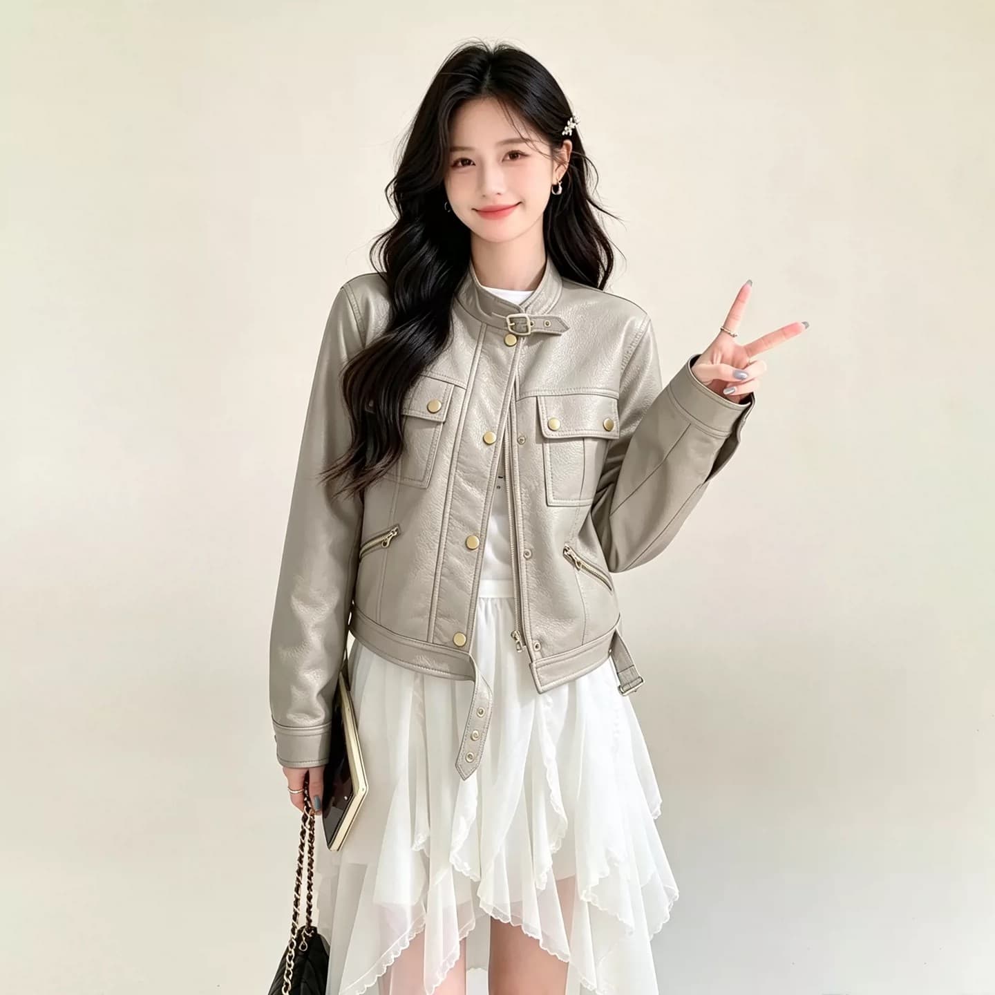 차가운 바람의 소리 바람 오토바이 가죽 재킷 여성 코트 2026 가을 새로운 품격 몸매 가꾸기 작은 키 쇼트 스타일 가죽 자켓 맨위 상세 이미지 12