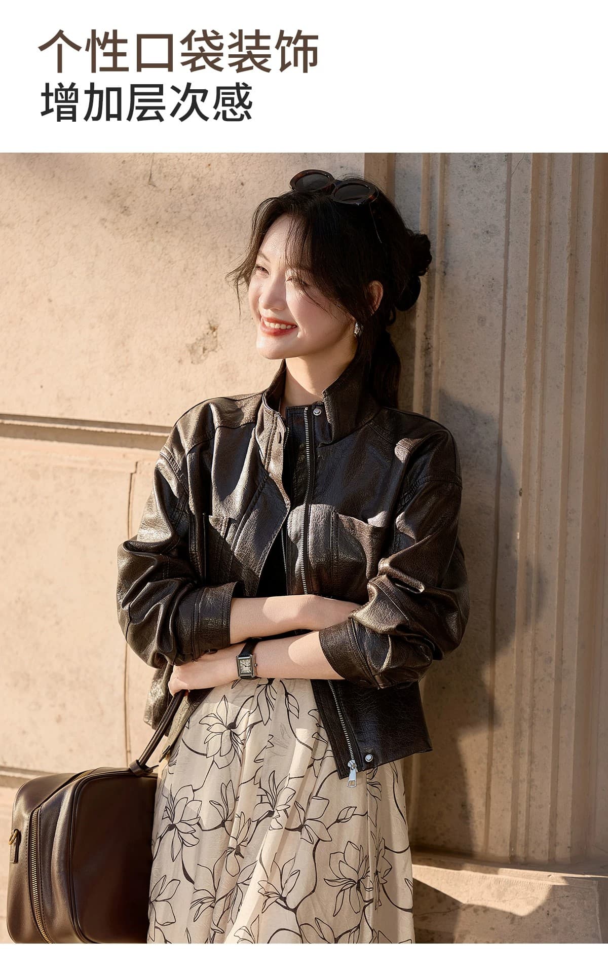 차가운 바람의 소리 바람 스탠드 칼라 쇼트 스타일 가죽 재킷 여성 2026 가을 새로운 막대기 가방 루즈핏 슬림해 보이는 품격 오토바이 재킷 재킷 상세 이미지 10