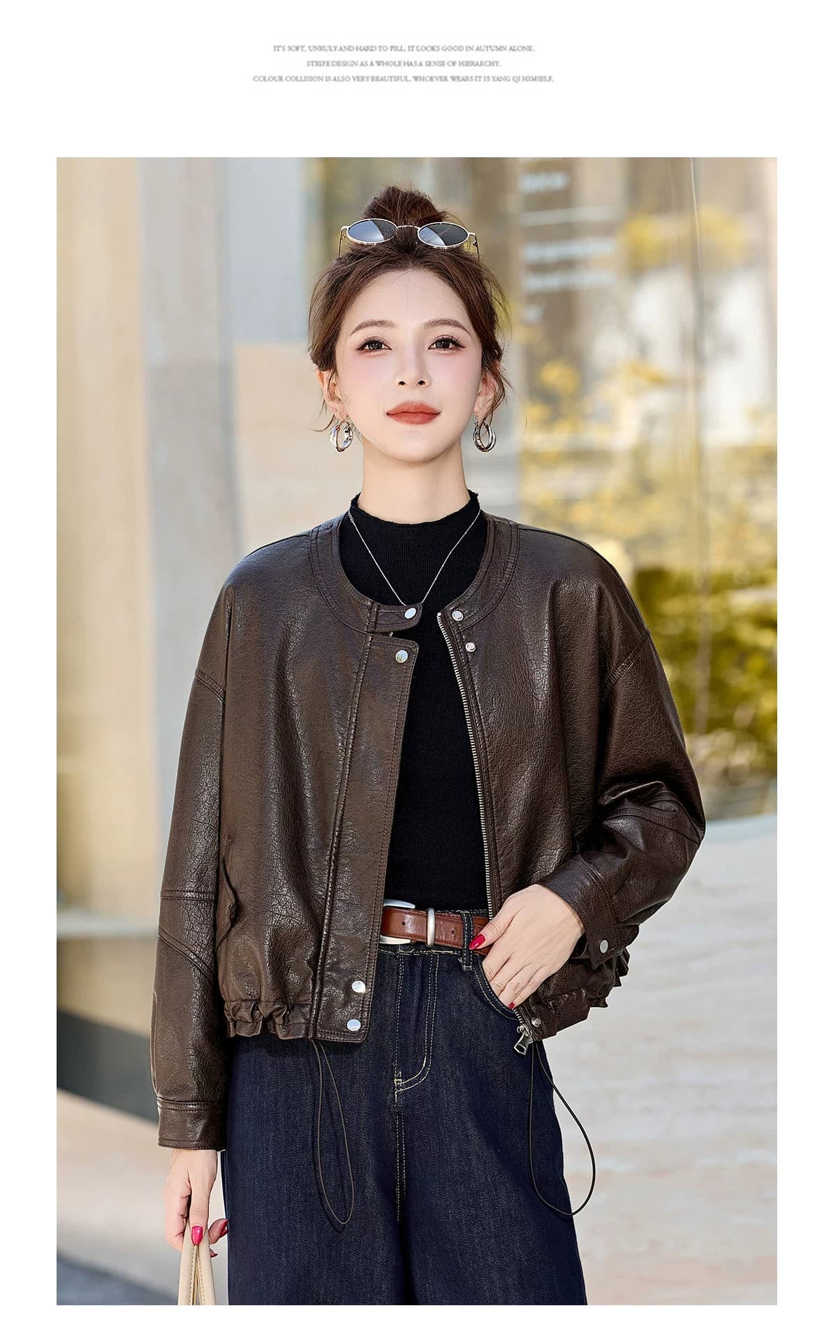 가을 새로운 가죽 재킷 여성 코트 2026 레트로 라운드 넥 쇼트 스타일 펌프 로프 고급 센스 차가운 바람의 소리 바람 캐주얼 가죽 자켓 상세 이미지 19