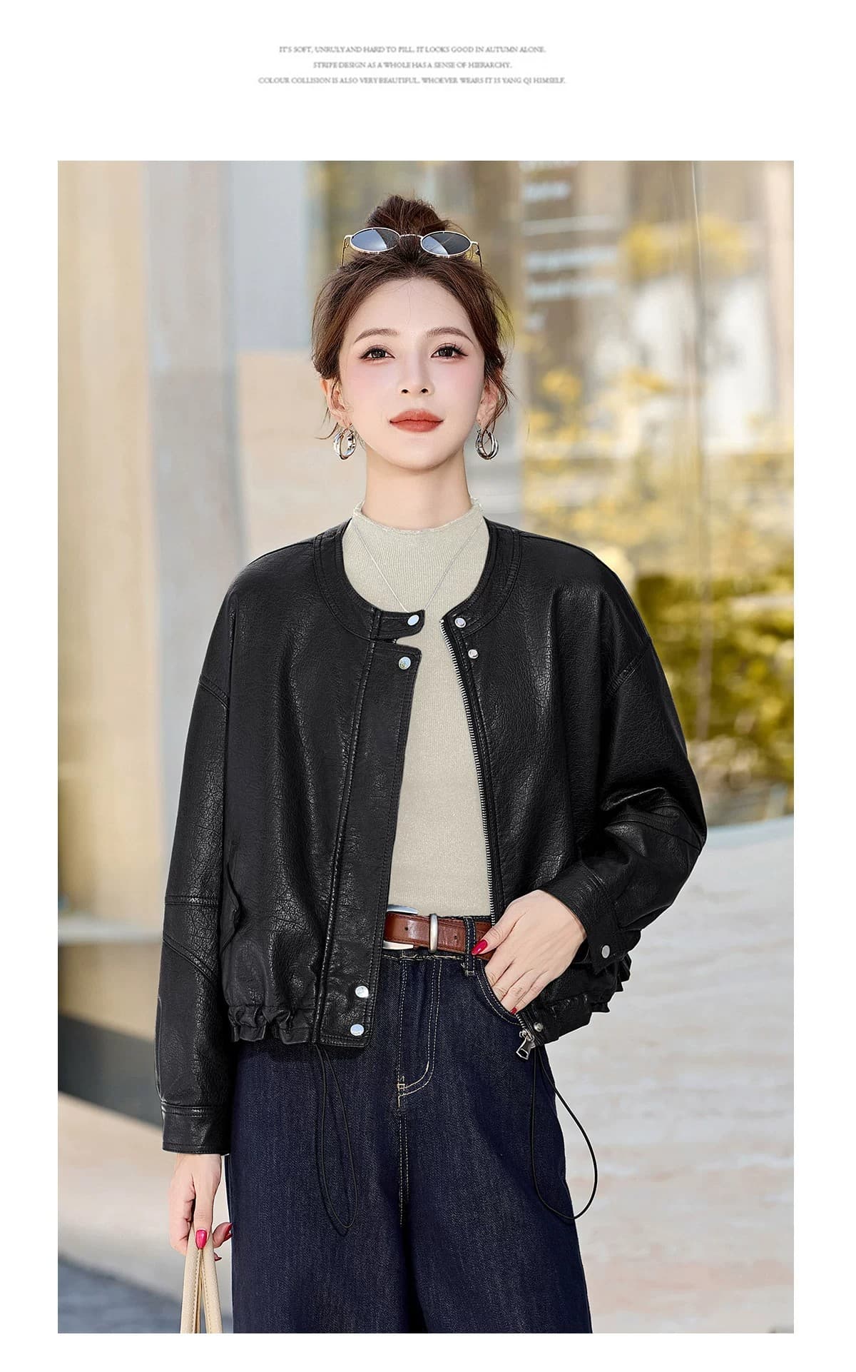 가을 새로운 가죽 재킷 여성 코트 2026 레트로 라운드 넥 쇼트 스타일 펌프 로프 고급 센스 차가운 바람의 소리 바람 캐주얼 가죽 자켓 상세 이미지 26