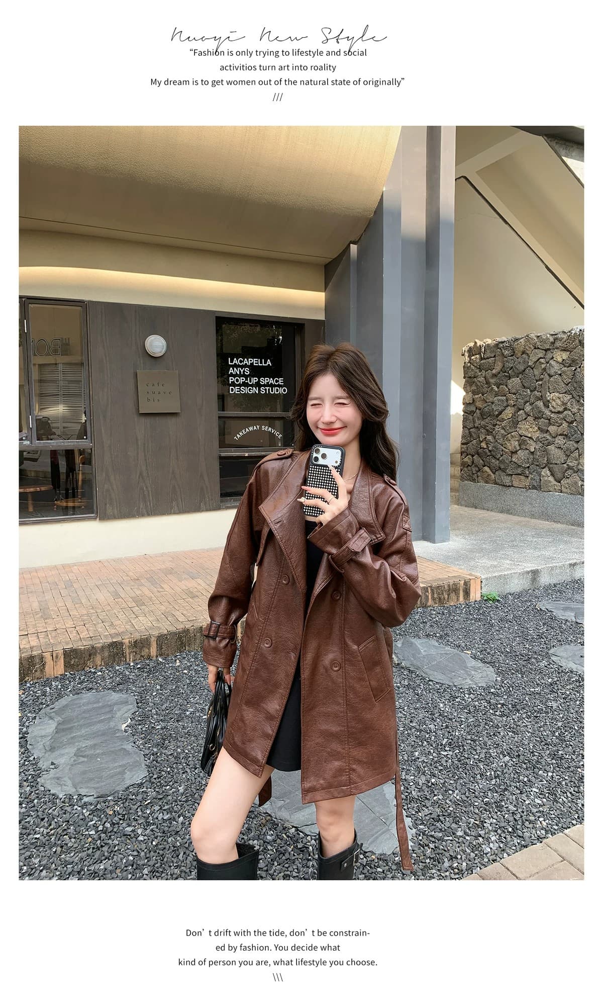 차가운 바람의 소리 레트로 이중 버튼 바람막이 여성 코트 2026 가을 새로운 패션 한 부서 품격 허리 수축 슬림해 보이는 가죽 재킷 상세 이미지 11
