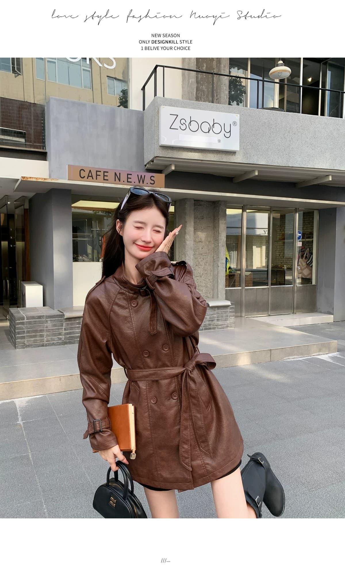 차가운 바람의 소리 레트로 이중 버튼 바람막이 여성 코트 2026 가을 새로운 패션 한 부서 품격 허리 수축 슬림해 보이는 가죽 재킷 상세 이미지 14