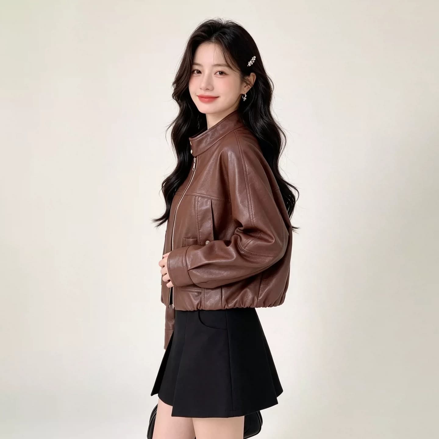 고급 센스 스타일 쇼트 스타일 스탠드 칼라 가죽 재킷 여성 코트 2026 가을 새로운 레트로 절묘한 차가운 바람의 소리 느슨함 오토바이 서비스 이미지 2