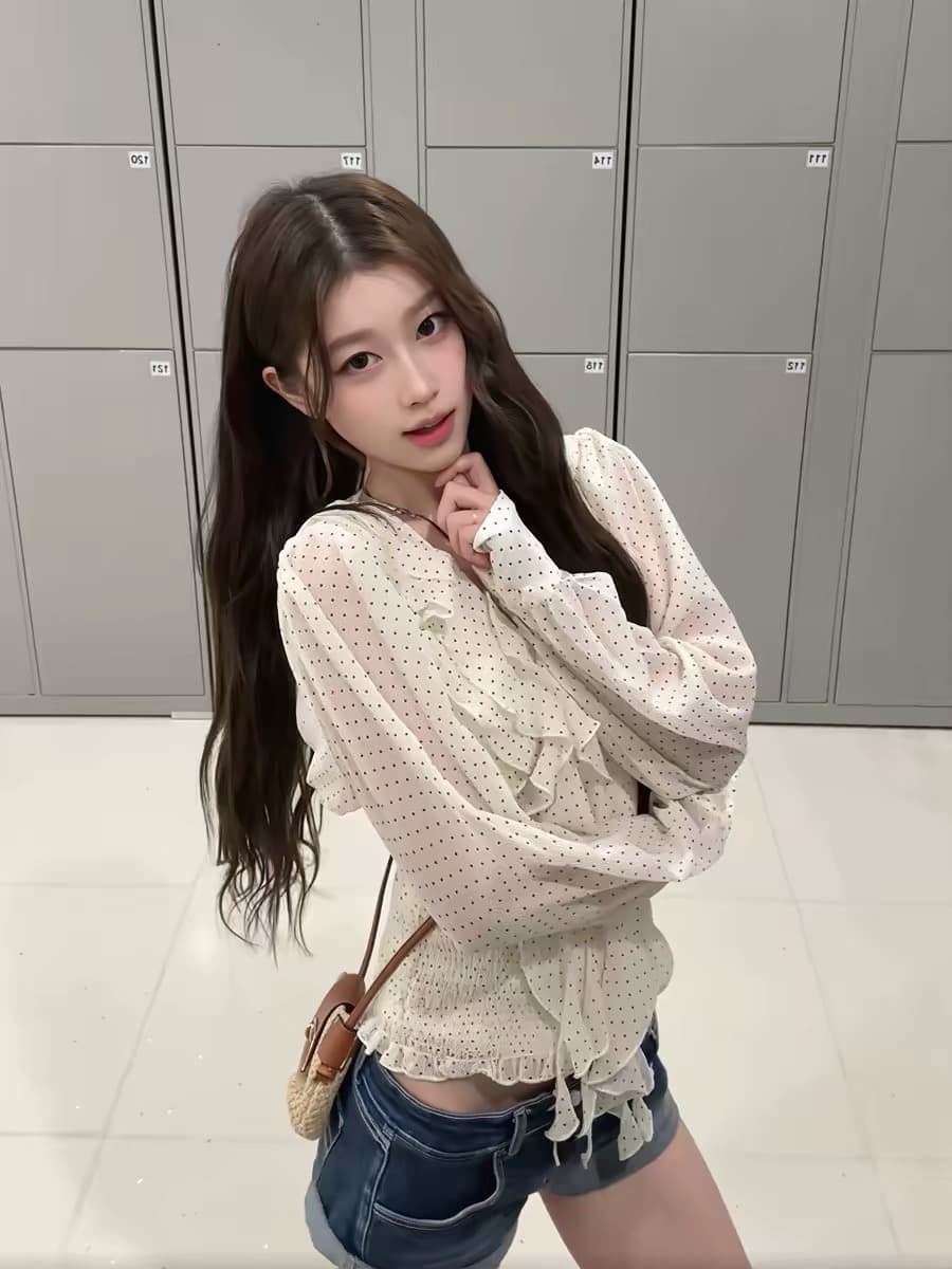 프랑스식 부드러운 바람 자이언트 잘 생긴 ~ 중 V넥 허리 수축 슬림해 보이는 셔츠 연령 감소 슈퍼 화재 작은 대중 아니요 명중 섹션 작은 셔츠 26 봄 이미지 2
