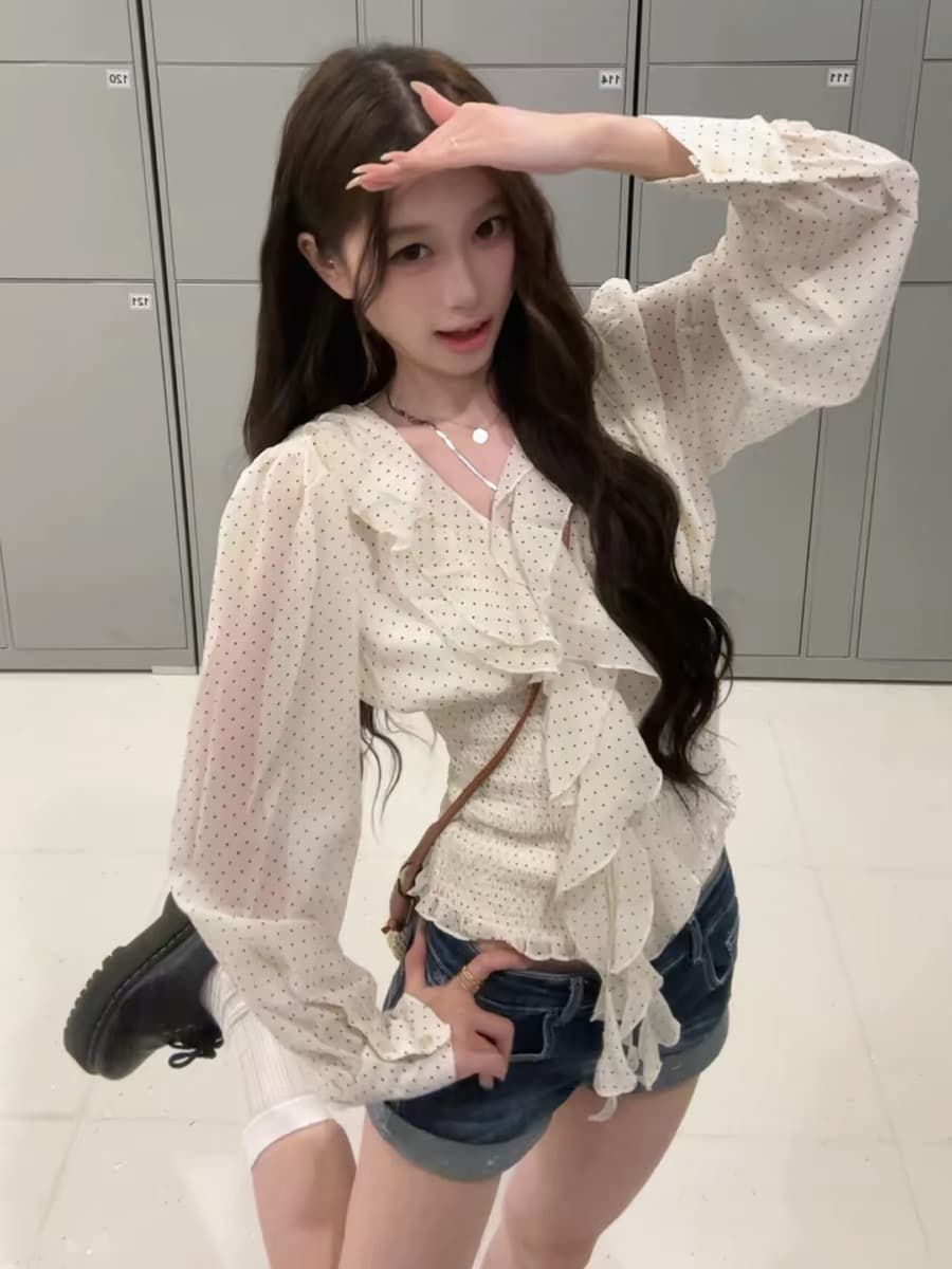 프랑스식 부드러운 바람 자이언트 잘 생긴 ~ 중 V넥 허리 수축 슬림해 보이는 셔츠 연령 감소 슈퍼 화재 작은 대중 아니요 명중 섹션 작은 셔츠 26 봄 상세 이미지 6
