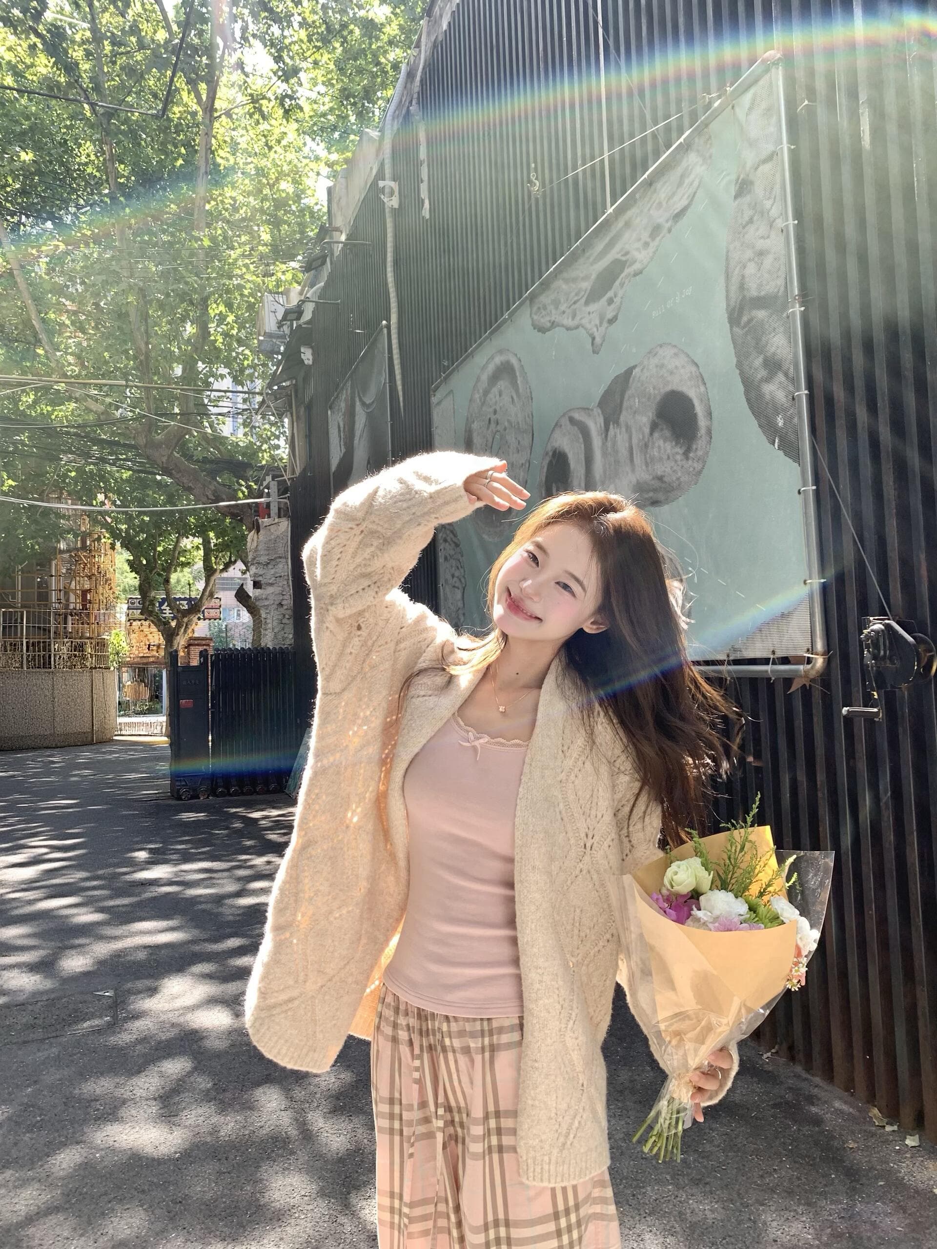 oioi esse 느긋한 센스 레이스업 자수 니트 오픈 가디건 여성 가을 겨울 캐주얼 바람 살구 색상 외출용 스웨터 상세 이미지 4