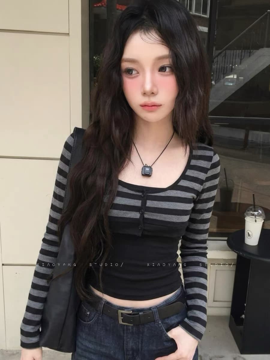 아메리칸 핫걸 스트라이프 긴팔 티셔츠 인사이드 가져 가라. 조끼 스택 착용 두 조각 여성 세트 꼬집기 허리 쇼트 스타일 오픈 가디건 맨위 가을 이미지 4