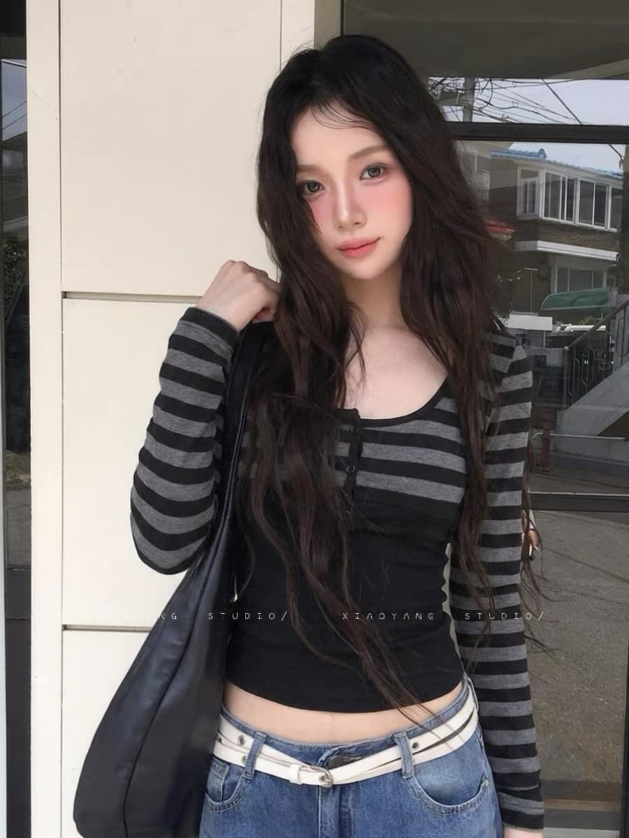 아메리칸 핫걸 스트라이프 긴팔 티셔츠 인사이드 가져 가라. 조끼 스택 착용 두 조각 여성 세트 꼬집기 허리 쇼트 스타일 오픈 가디건 맨위 가을 상세 이미지 3