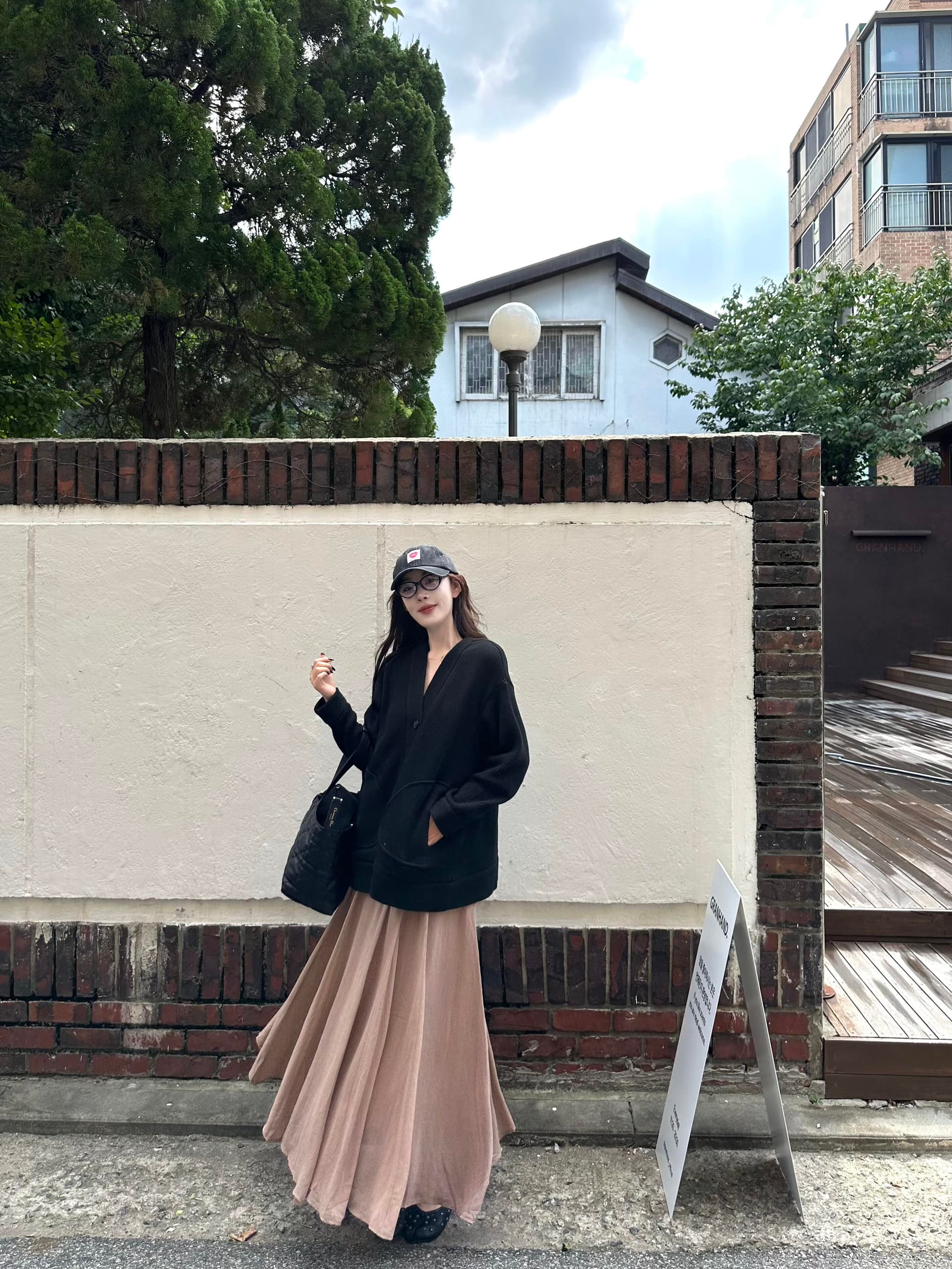이른 가을 슈퍼 화재 빛 사람들 높음 지혜 센스 착용 가져 가라. 전체 집합 검정색 V넥 니트 오픈 가디건 반신 치마 세트 상세 이미지 2