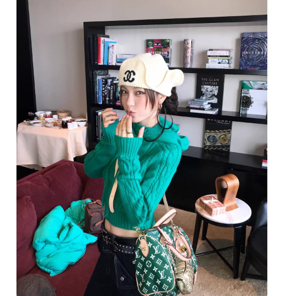 dula 좋은 홈 더블린 가을의 날 녹색 후드 꽈배기 풀오버 스웨터 여자 가을 겨울 몸매 가꾸기 쇼트 스타일 맨위 이미지 2
