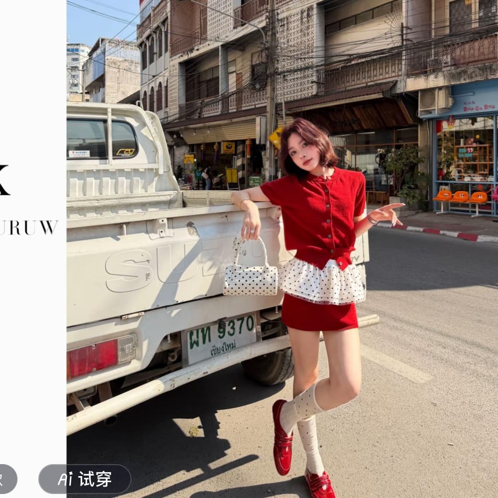 애 애 유화 와일드 로즈 33 양모 혼방 고급 레트로 질감 니트 반팔 미니 스커트 세트 상세 이미지 2