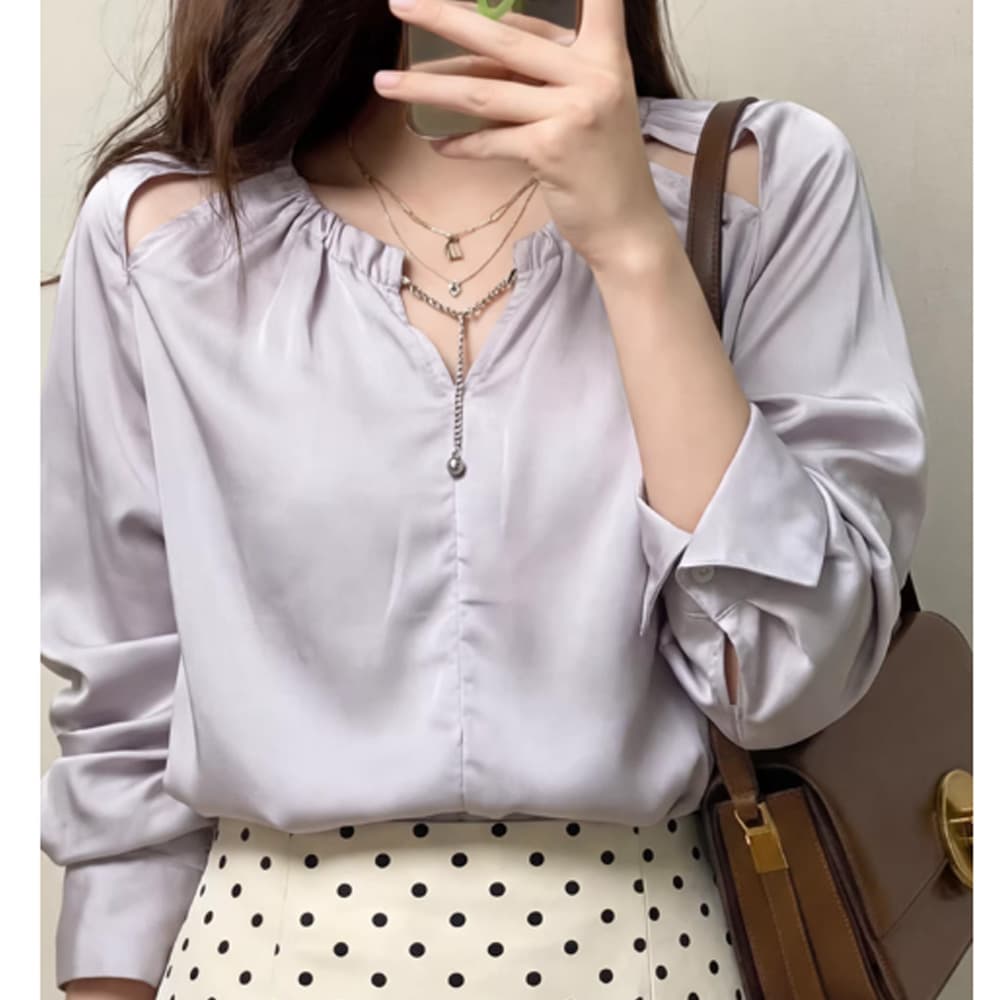 보라색 홀로우 아웃 행침 목 긴팔 셔츠 여성 의류 여름 새로운 비즈니스웨어 출퇴근 셔츠 맨위 상세 이미지 2
