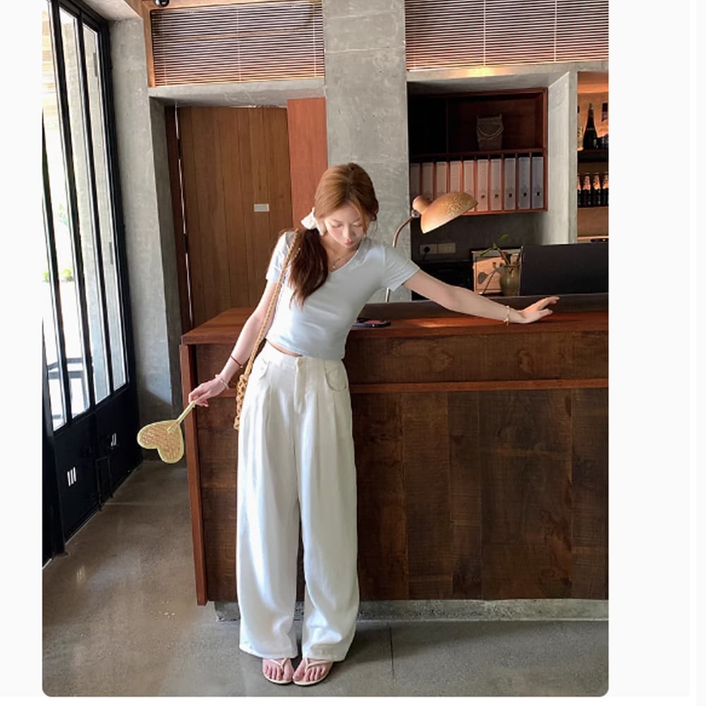 im ~까지 편안함 리듬 수공 튀김 색상 아마 혼방 넓은 다리 캐주얼 바지 여성 스트레이트 팬츠 상세 이미지 3