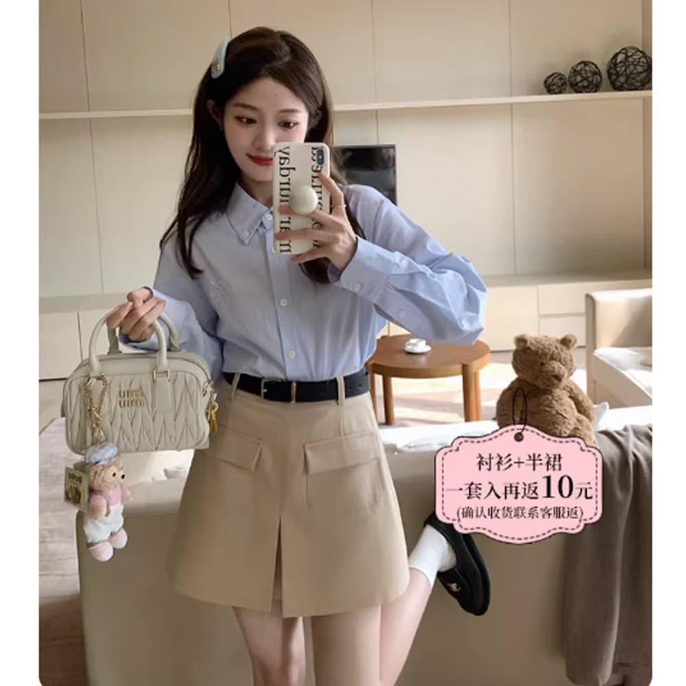 ff blue 부자 소녀 분위기 길다 반팔 작은 키 슬림해 보이는 캐주얼 스트라이프 셔츠 레이스 레이스 맨위