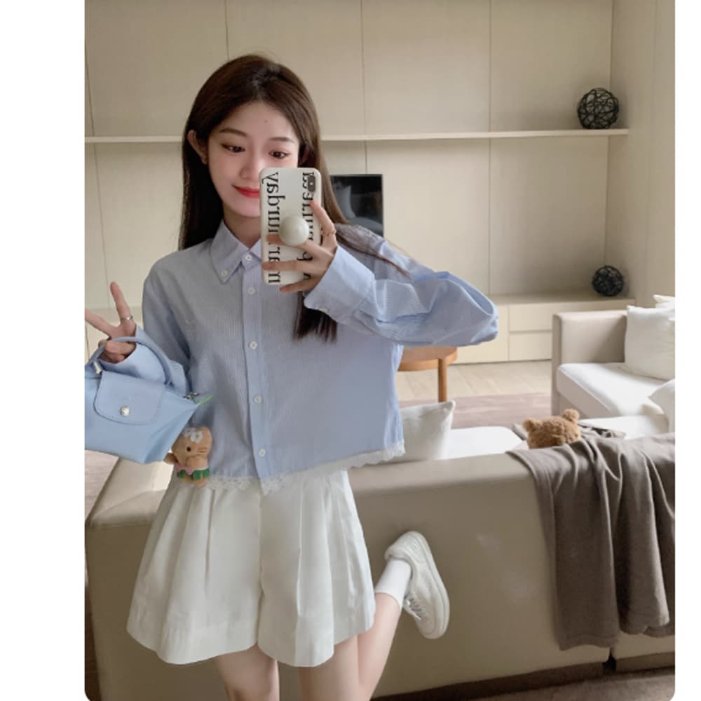 ff blue 부자 소녀 분위기 길다 반팔 작은 키 슬림해 보이는 캐주얼 스트라이프 셔츠 레이스 레이스 맨위 상세 이미지 4