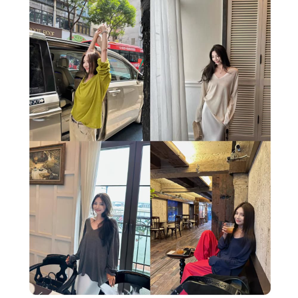 nanabynana 웨이 발 가을 주간 실크 아마 V넥 니트 스웨터 여성 봄 가을 다용도 루즈핏 맨위 상세 이미지 2