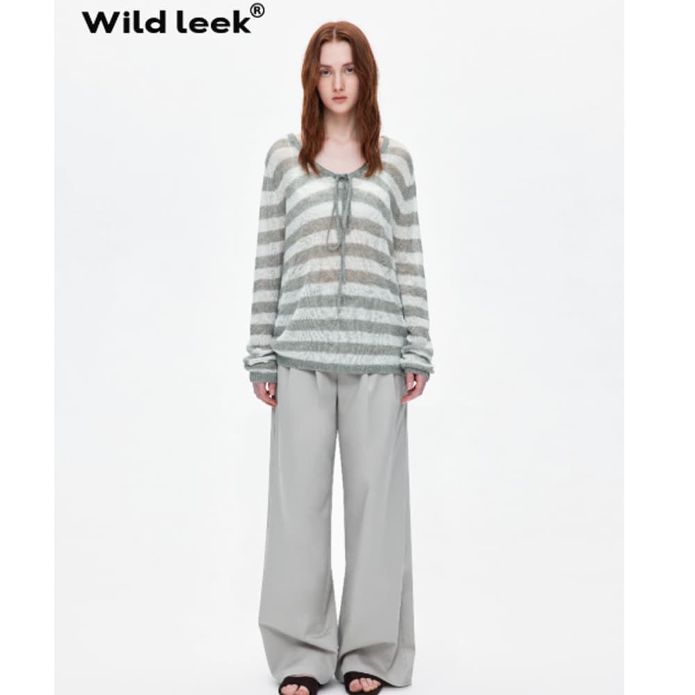 wild leek 기타 착용 법 하프 시스루 펌프 로프 스트라이프 블라우스 2026ss 대 네클라인 비스듬한 어깨 모헤어 짠 셔츠 상세 이미지 6